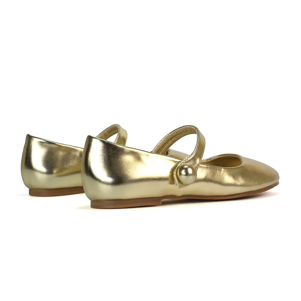 Liza Flat Pump Strappy Round Toe Ballerina Shoes in Gold Metallic