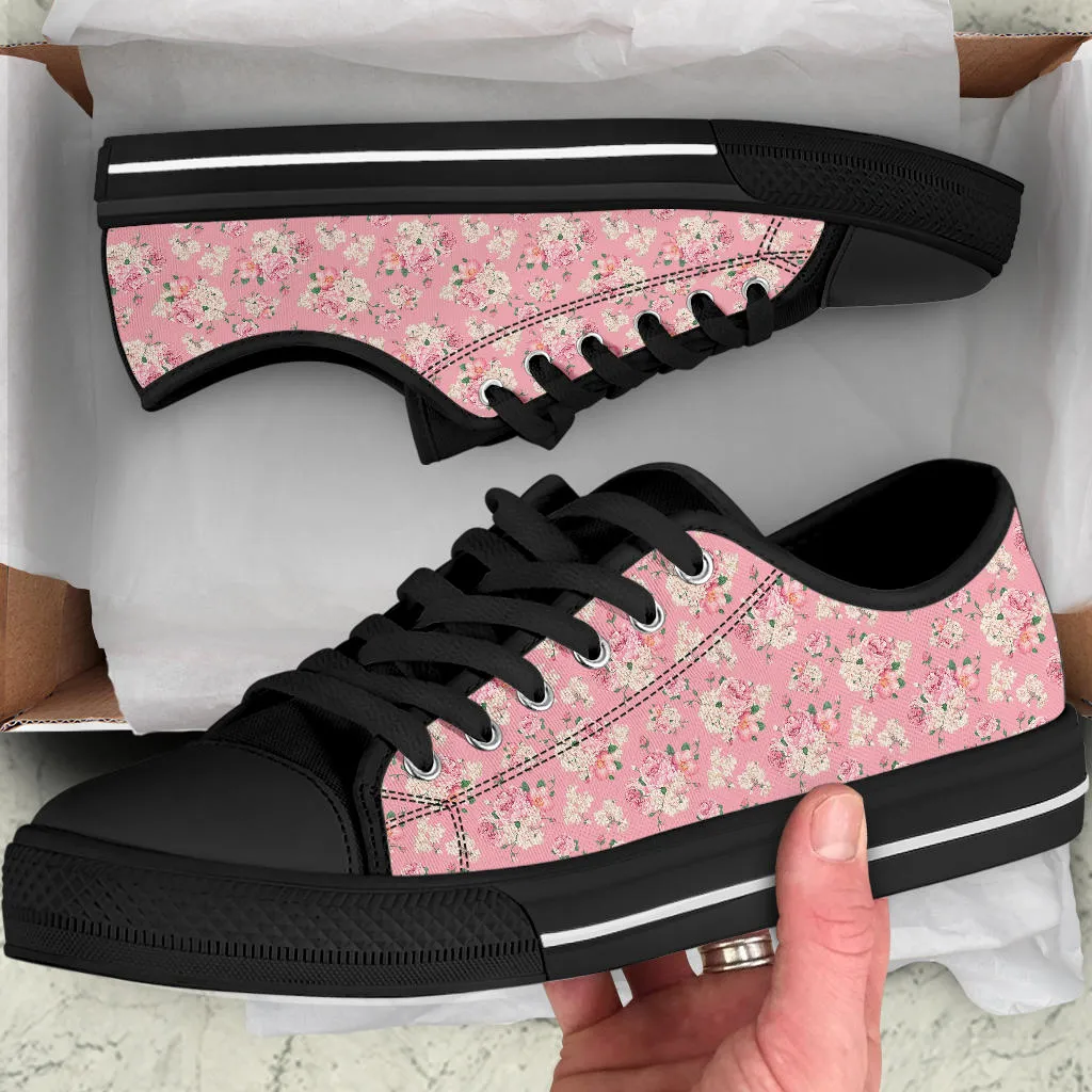 Low Top Canvas Sneakers - Sweet Pink Flowers #103 | Beautiful Birthday Gift Idea, Custom Casual Aesthetic Sorority Vegan Handmade Cool Shoes