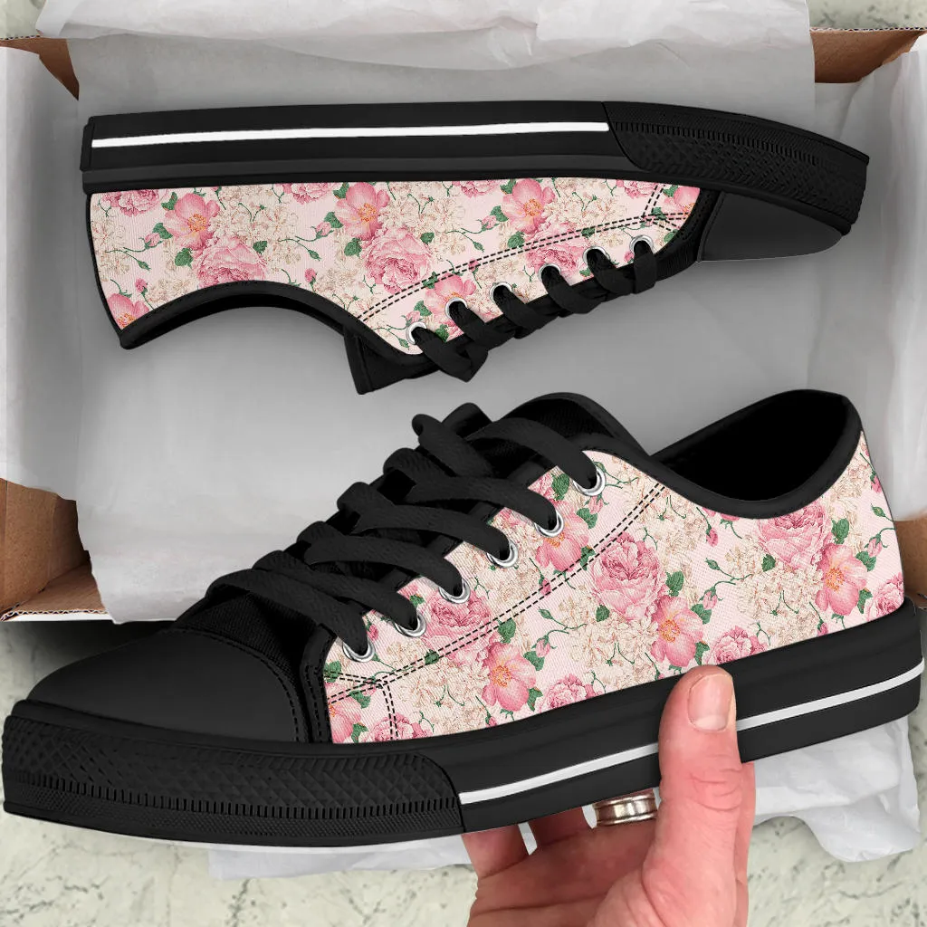 Low Top Canvas Sneakers - Sweet Pink Flowers #106 | Beautiful Birthday Gift Idea, Custom Casual Aesthetic Sorority Vegan Handmade Cool Shoes