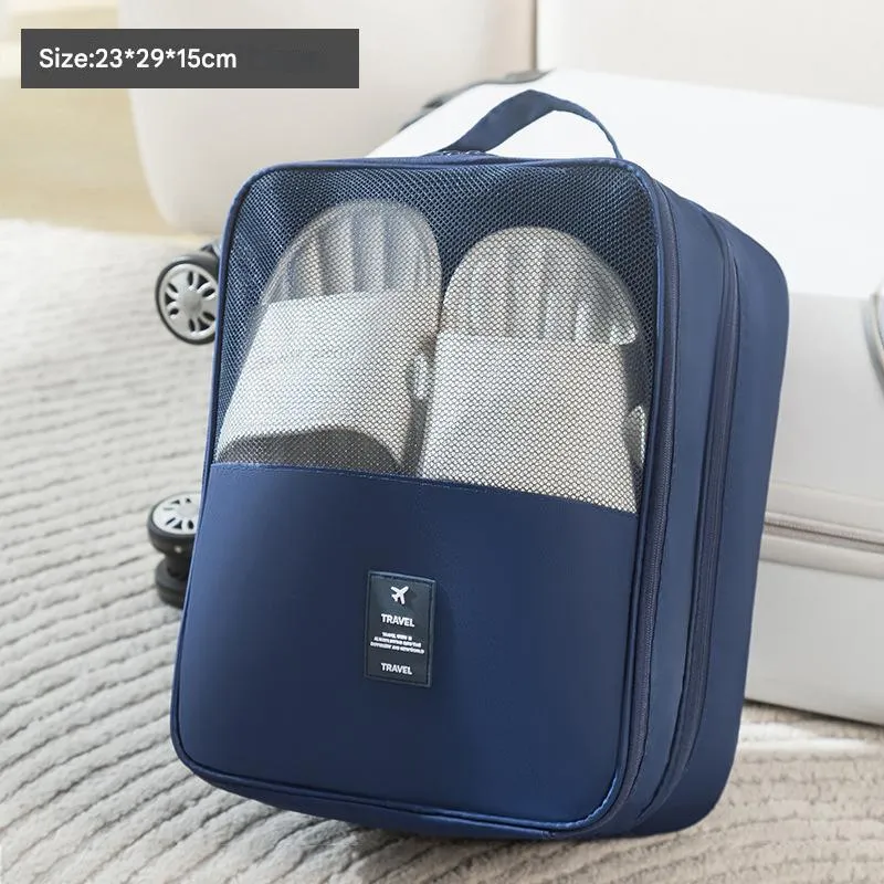NNEDSZ 2 Pcs Dark Blue Waterproof Foldable Travel Shoe Storage Bag, Three-Layer Design Shoe Organizer, Portable Shoe Pouch for Trips