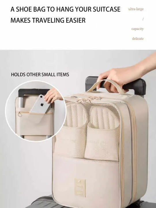 NNEDSZ 2 Pcs Off White Waterproof Foldable Travel Shoe Storage Bag, Three-Layer Design Shoe Organizer, Portable Shoe Pouch for Trips