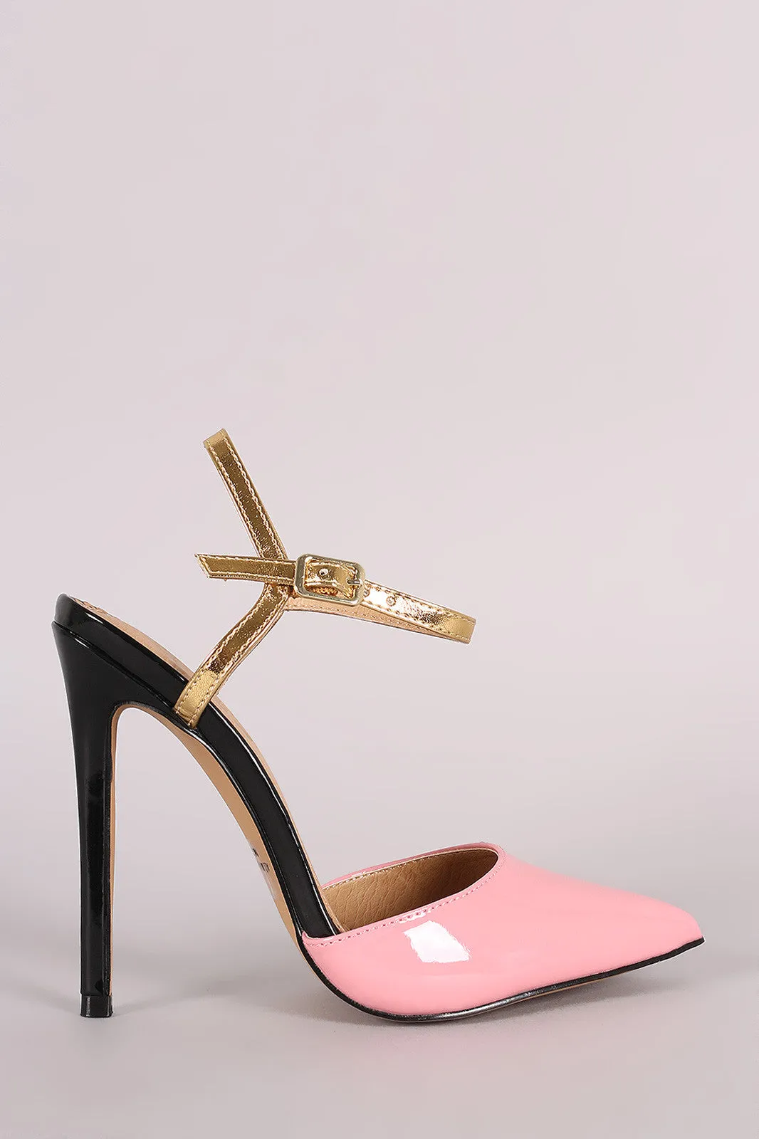 Patent Colorblock Pointy Toe Ankle Strap Pump