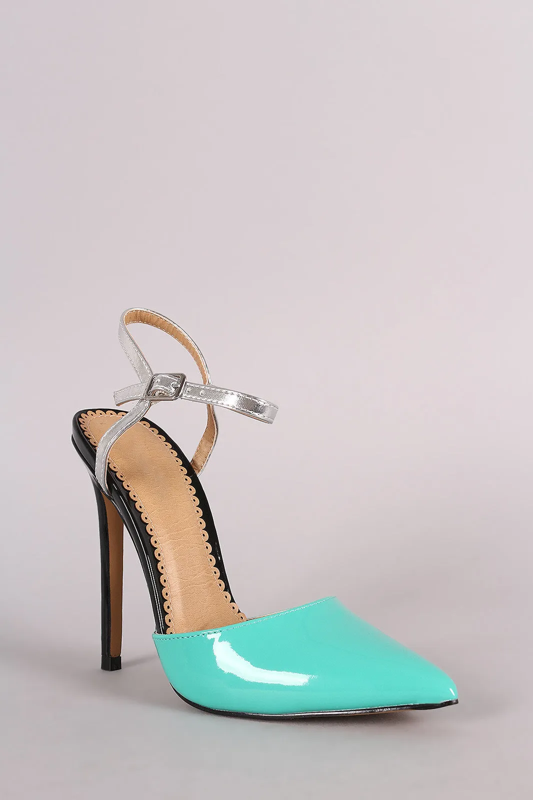 Patent Colorblock Pointy Toe Ankle Strap Pump