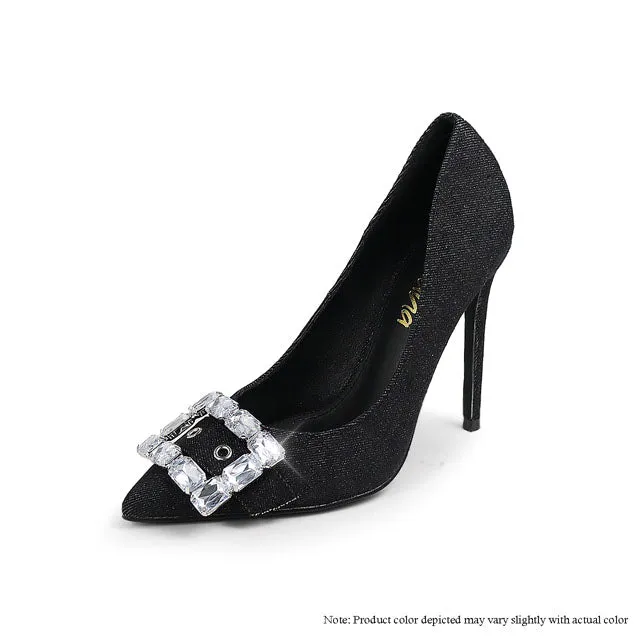 SCANDALOUS-24 SQUARE BUCKLE DENIM WASHED PUMP - BLACK