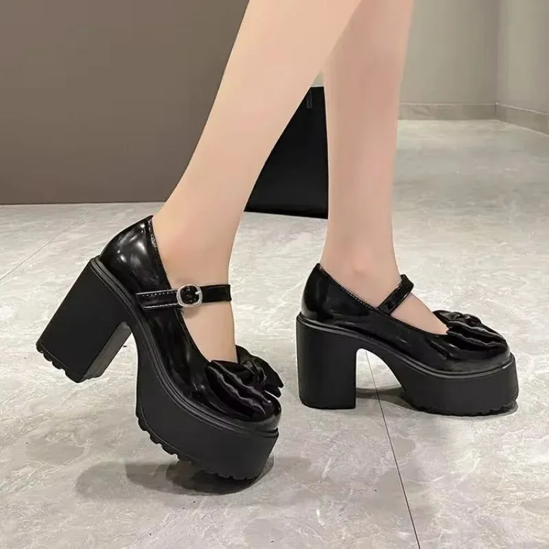 Sohiwoo Summer and Autumn Fashion New Solid Color Bowknot Popular Thick-soled Buckle Round Toe High-heeled Shoes for Women