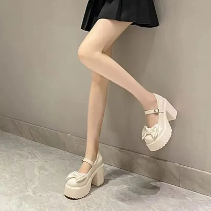 Sohiwoo Summer and Autumn Fashion New Solid Color Bowknot Popular Thick-soled Buckle Round Toe High-heeled Shoes for Women