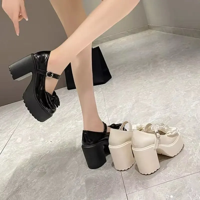 Sohiwoo Summer and Autumn Fashion New Solid Color Bowknot Popular Thick-soled Buckle Round Toe High-heeled Shoes for Women