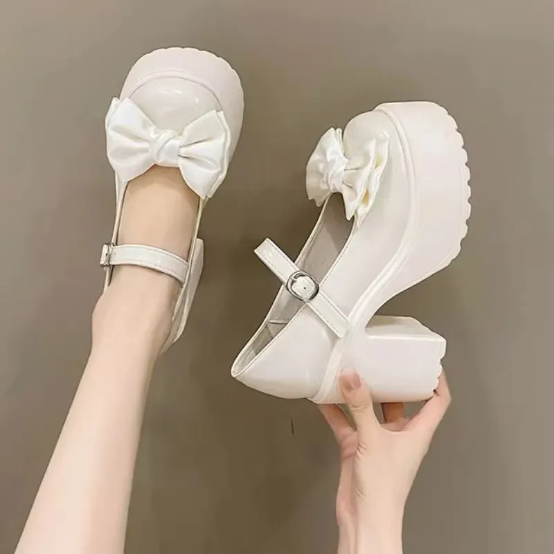 Sohiwoo Summer and Autumn Fashion New Solid Color Bowknot Popular Thick-soled Buckle Round Toe High-heeled Shoes for Women