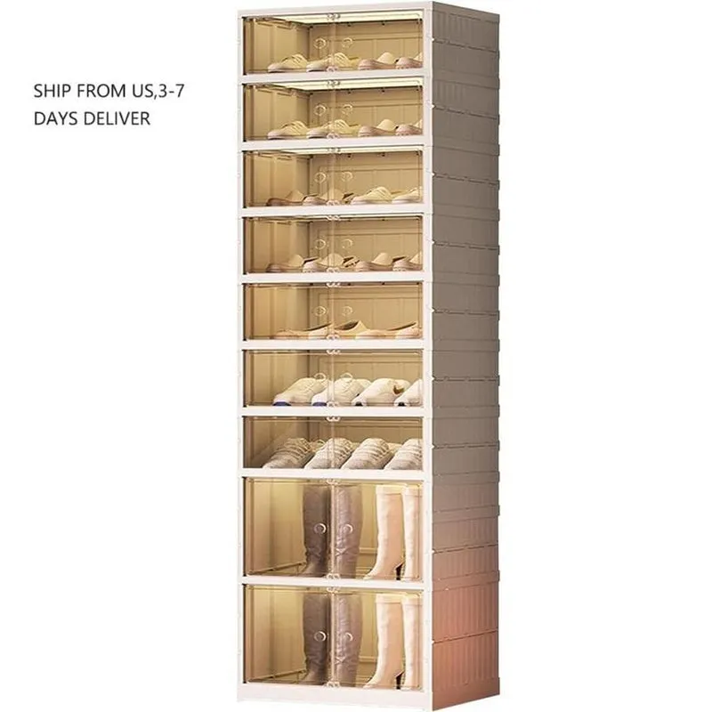 Special Offers--9-Tier Foldable Shoe Rack Box - Clear Plastic Stackable Shoe Cabinet, Space-Saving Storage Organizer, Magnetic Storage Cabinets, Collapsible Shoeboxes