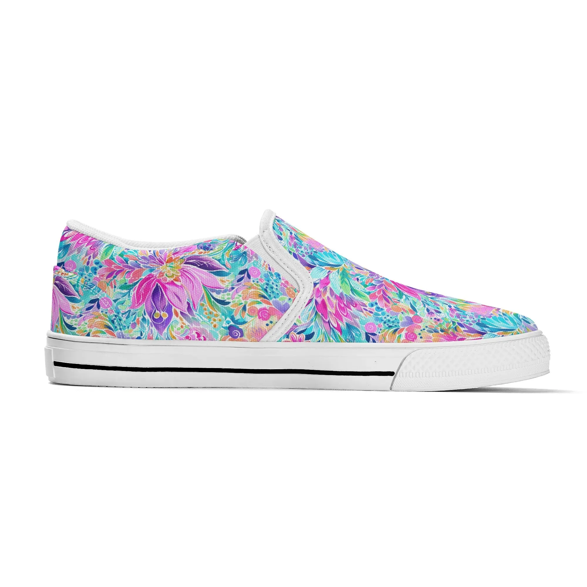 Tropical Prism: Rainbow Watercolor Flowers in Full Bloom Womens Canvas Slip On Shoes US5-US12