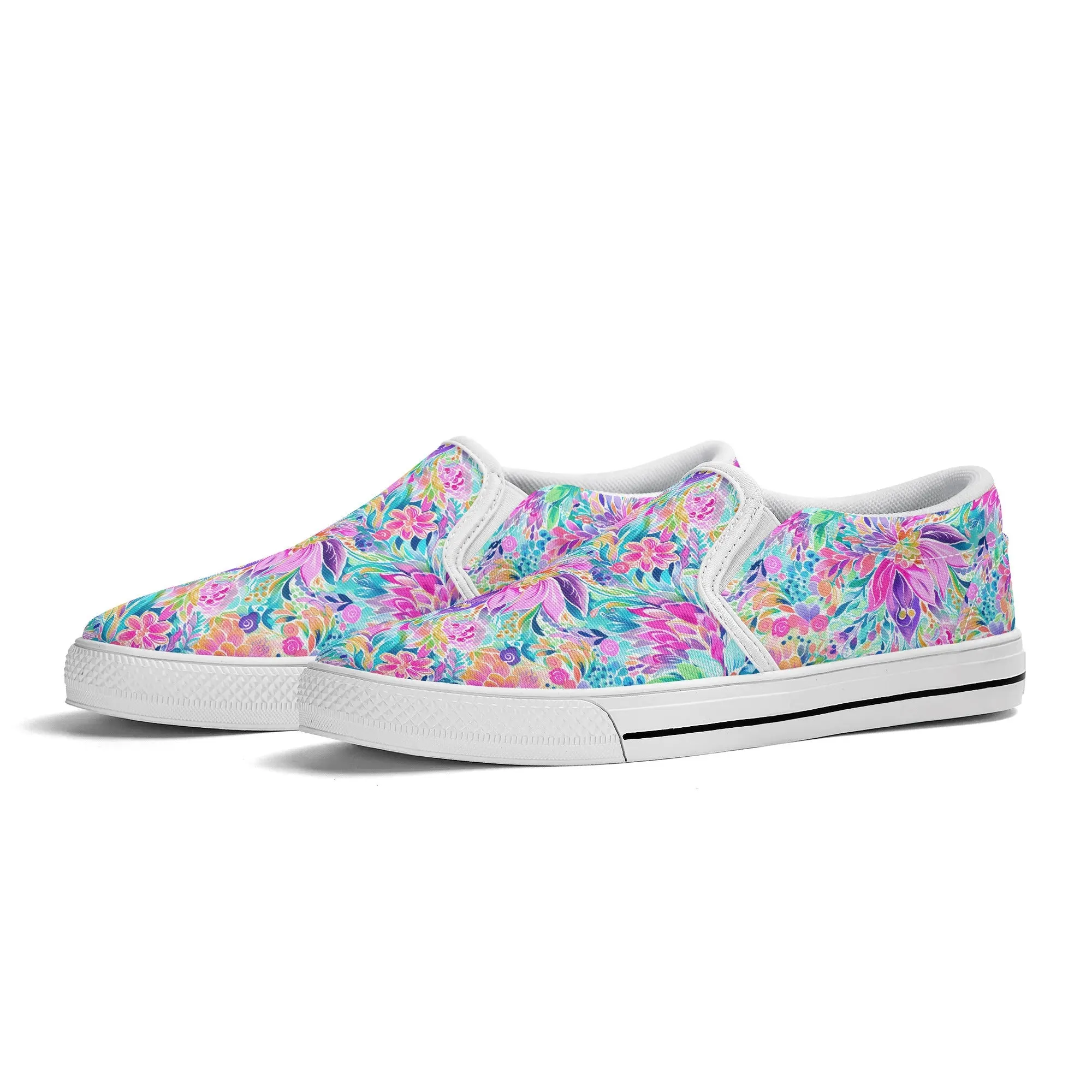 Tropical Prism: Rainbow Watercolor Flowers in Full Bloom Womens Canvas Slip On Shoes US5-US12
