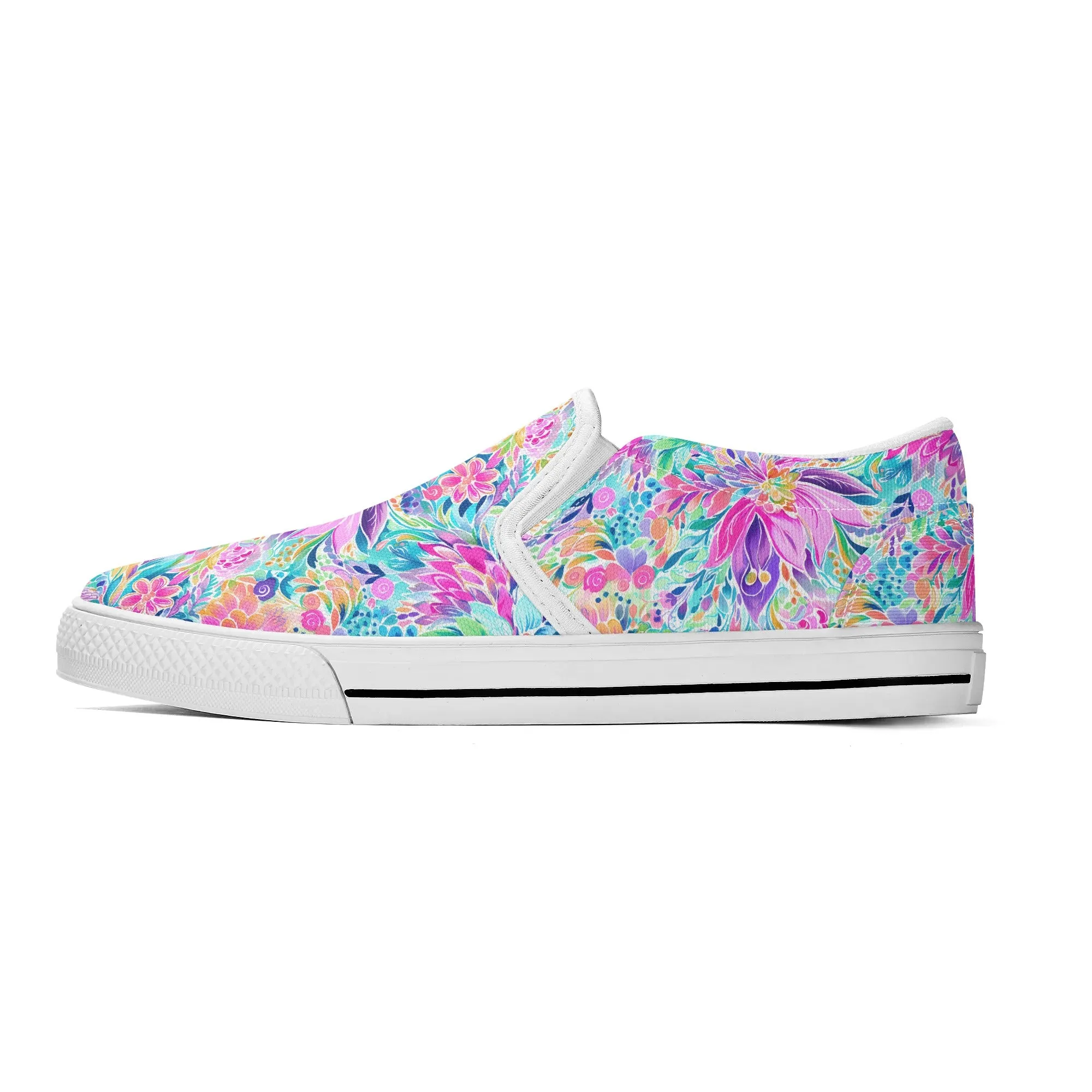 Tropical Prism: Rainbow Watercolor Flowers in Full Bloom Womens Canvas Slip On Shoes US5-US12