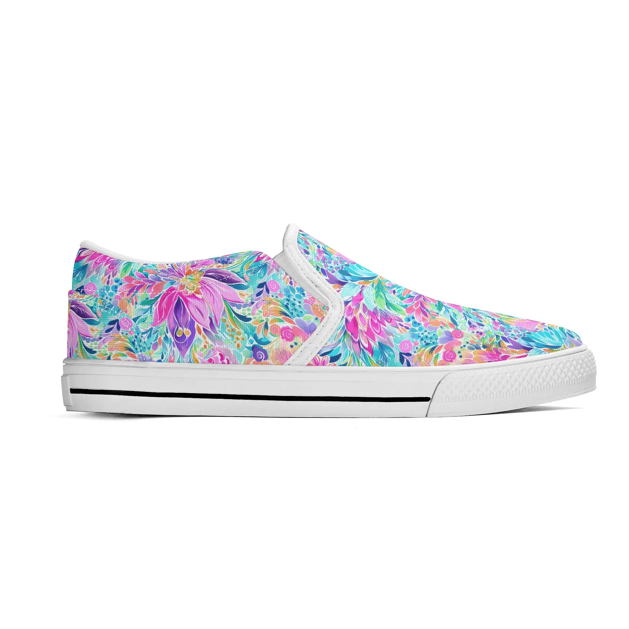 Tropical Prism: Rainbow Watercolor Flowers in Full Bloom Womens Canvas Slip On Shoes US5-US12