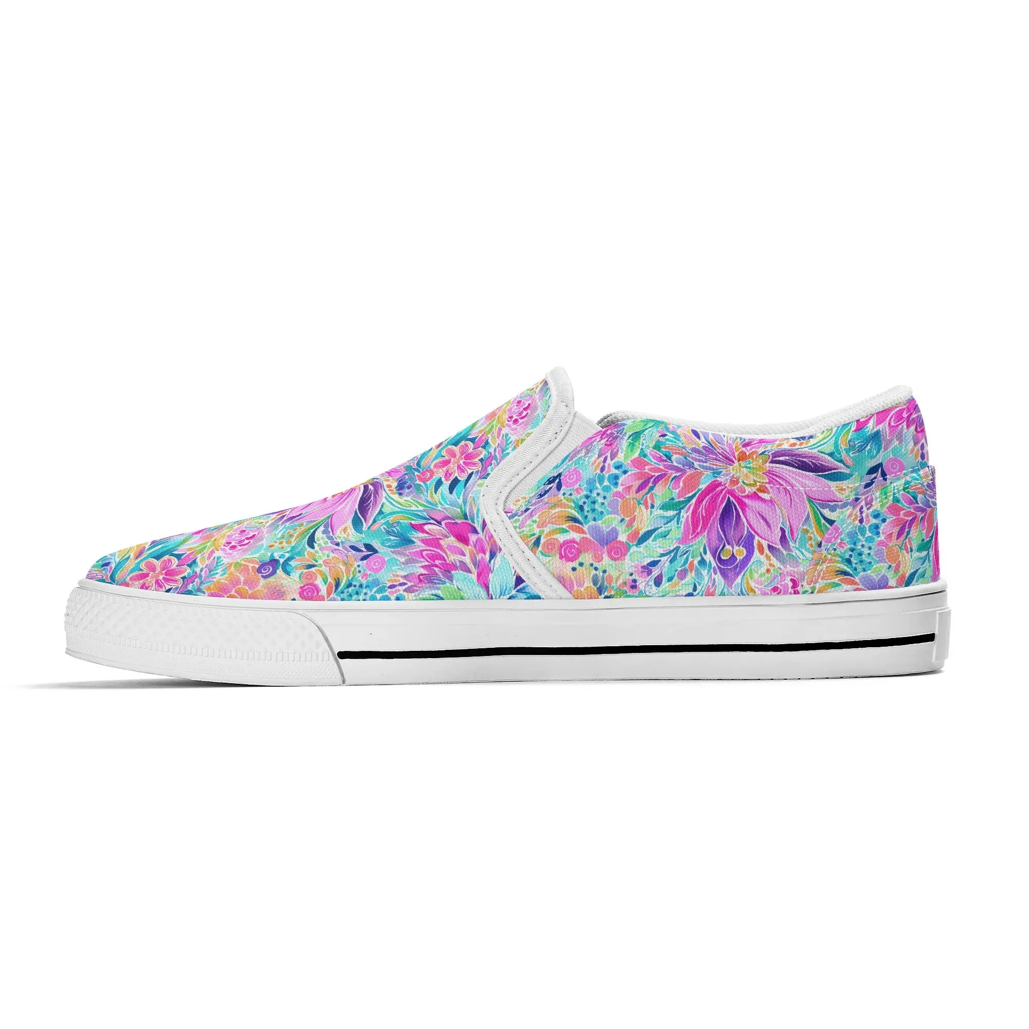 Tropical Prism: Rainbow Watercolor Flowers in Full Bloom Womens Canvas Slip On Shoes US5-US12