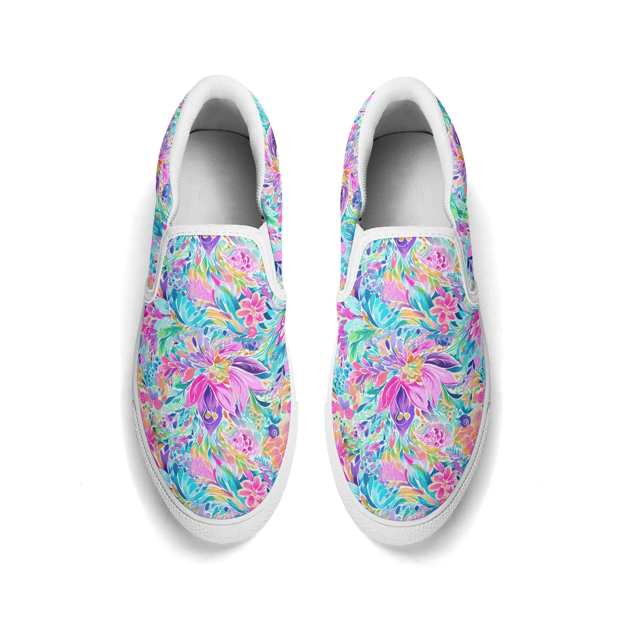 Tropical Prism: Rainbow Watercolor Flowers in Full Bloom Womens Canvas Slip On Shoes US5-US12