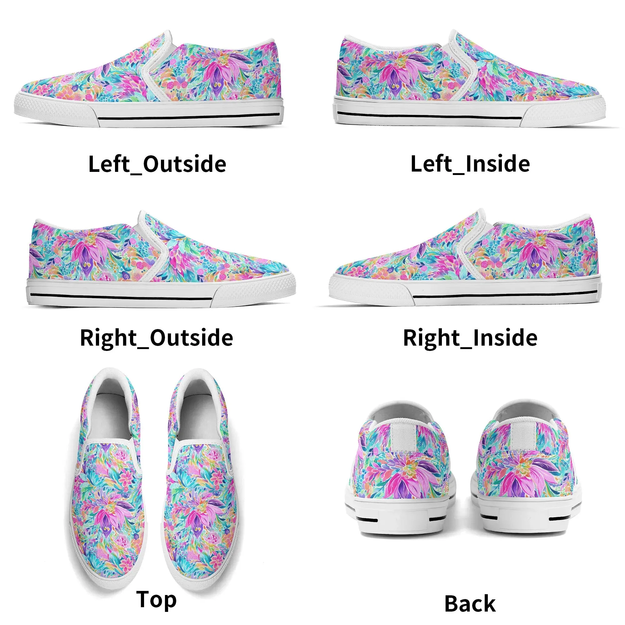 Tropical Prism: Rainbow Watercolor Flowers in Full Bloom Womens Canvas Slip On Shoes US5-US12