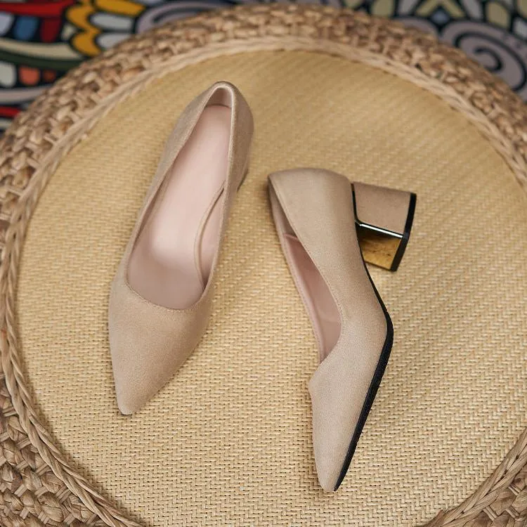 Women Suede Pump Block Heel Pointed Toe Mid Heels