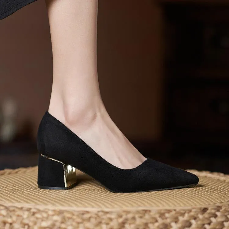 Women Suede Pump Block Heel Pointed Toe Mid Heels