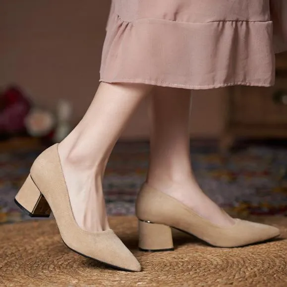 Women Suede Pump Block Heel Pointed Toe Mid Heels