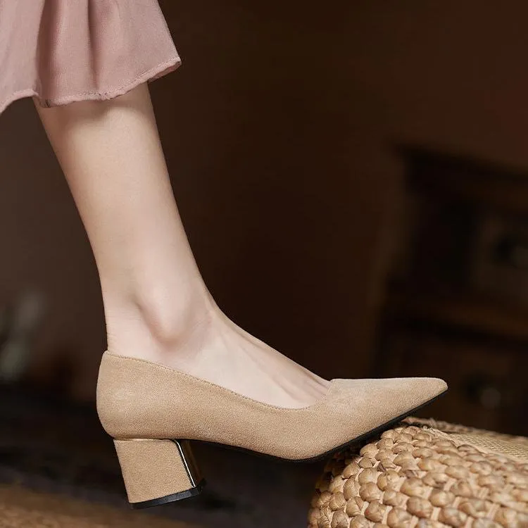 Women Suede Pump Block Heel Pointed Toe Mid Heels
