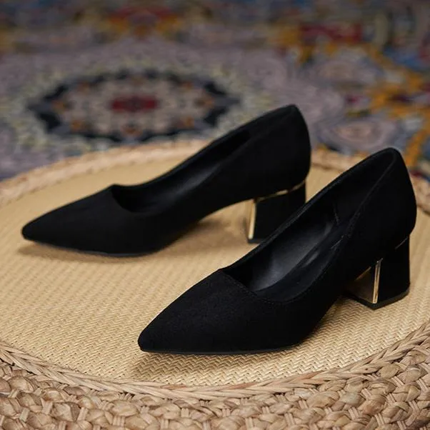 Women Suede Pump Block Heel Pointed Toe Mid Heels