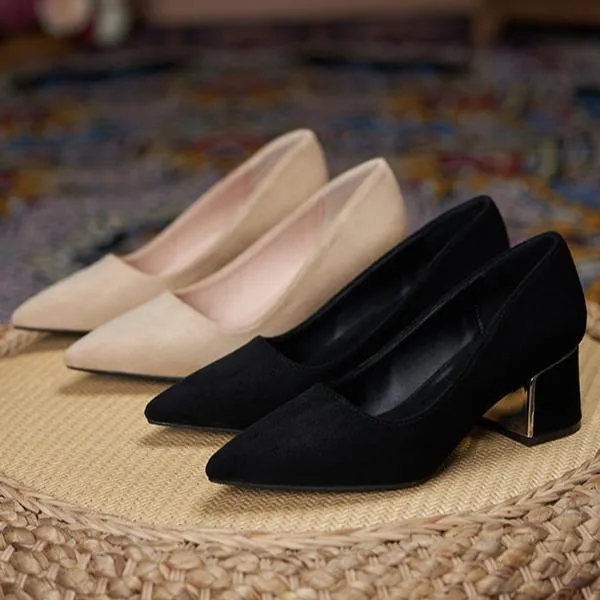 Women Suede Pump Block Heel Pointed Toe Mid Heels