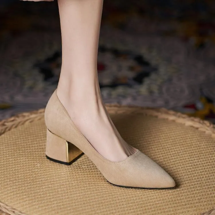 Women Suede Pump Block Heel Pointed Toe Mid Heels