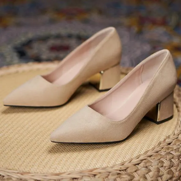 Women Suede Pump Block Heel Pointed Toe Mid Heels