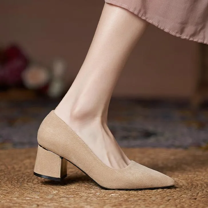 Women Suede Pump Block Heel Pointed Toe Mid Heels