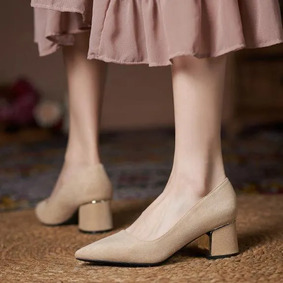 Women Suede Pump Block Heel Pointed Toe Mid Heels
