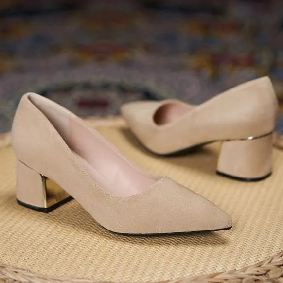 Women Suede Pump Block Heel Pointed Toe Mid Heels