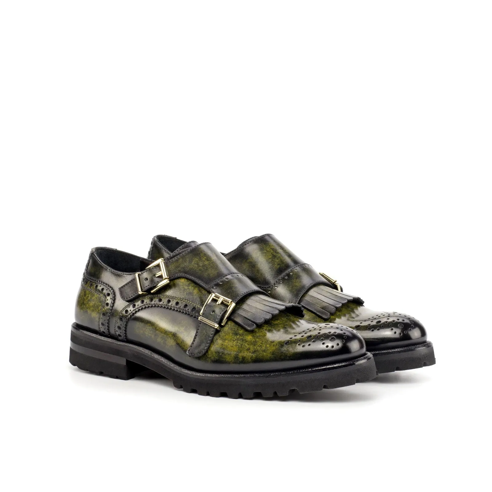 Women's Kiltie Monk Strap Shoes Patina Green 4482